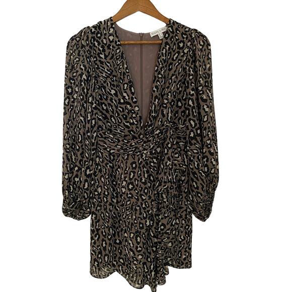 Shona Joy Buell Plunged Mini Dress US 4 Animal Cheetah Print Long Sleeve EUC - Picture 1 of 9